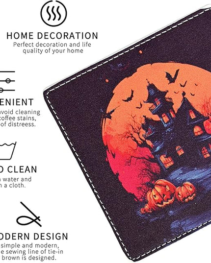 Marble Coasters Square Leather Drinks Coaster Set with Holder for Coffee Table Bar Home Decor 4 Inches Set of 6 (Halloween, One Size)