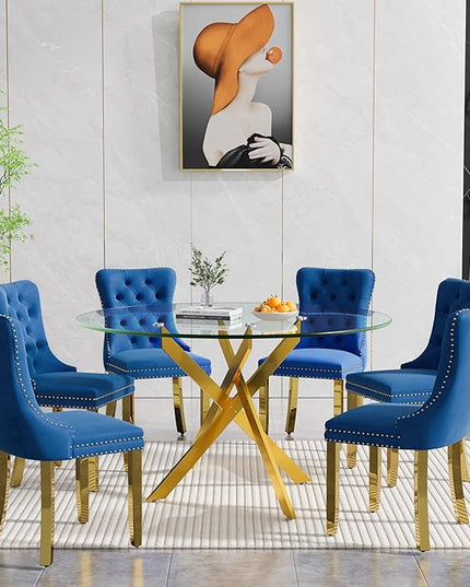 Round Glass Dining Table Set for 6, 47'' Clear Circular Kitchen Table and Chairs Set, 7PCS Modern Circle Dining Room Table Set with 6 Velvet Dining Chair for Home