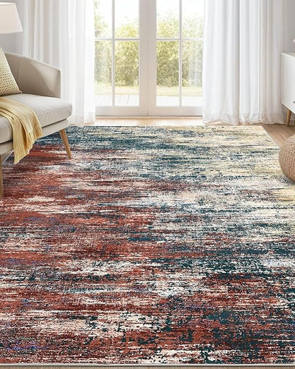 Modern Abstract Living Room Rug 8x10, Washable Area Rugs for Bedroom, Stain Resistant Non Slip Large Rug, Soft Indoor Carpet for Dining Room Table Home Decor, Red/Multi