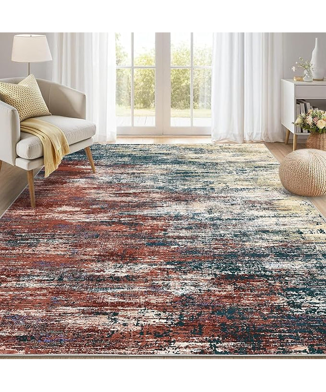Modern Abstract Living Room Rug 8x10, Washable Area Rugs for Bedroom, Stain Resistant Non Slip Large Rug, Soft Indoor Carpet for Dining Room Table Home Decor, Red/Multi