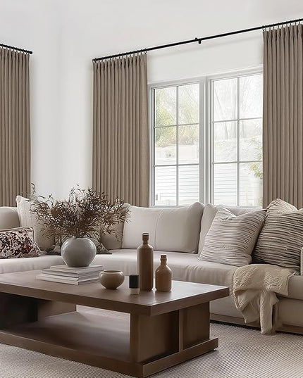 Textured Linen Blackout Curtains 90 Inches Long for Dining Room, Pleat Dark Flax Thermal Insulated Window Drapes Room Darkening Floor Length 90 Inch Curtain 2 Panel Set with Metal Rings