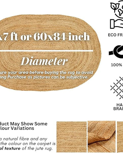 Hand Woven Jute Area Rug - 5' x 7' Feet - Rustic Beige Reversible Oval Rugs for Bedroom, Kitchen, Living Room - Vintage Natural Braided Entry Floor Décor Boho Oval Area Rugs 5x7 Feet