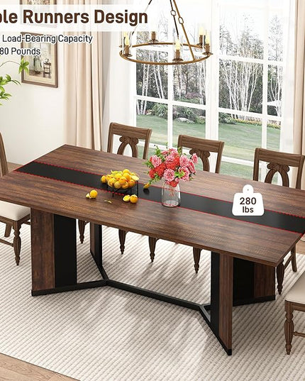 71 inch Dining Table for 4 5 6 | Modern Brown and Black Rectangular Kitchen Table W/Waterproof Wood Tabletop,Farmhouse Long Dining Room Tables W/Adjustable Legs&Wood Strip Base for Kitchen Living Room