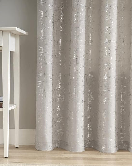 Taisier Home Silver Foil Print Linen Textured Curtains - Geometric Dots Pattern Design for Bedroom & Living Room - Thermal Insulated Window Treatment, 2 Panels, 95" L, Beige & Silver