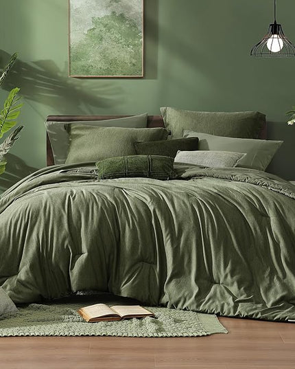 Monbix Oversized Queen Comforter Set - 7 Pieces Cationic Dyeing Olive Green Bed in a Bag Bedding Sets with Comforter, Sheets, Pillowcases & Shams, Reversible Bedding Comforters Sets