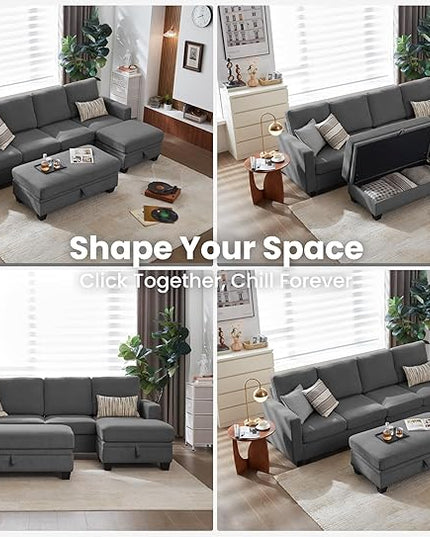 CHIC HOUSE Corduroy Modular Sectional Couch with Ottoman Chaise, L/U Shaped Sleeper Sofa for Living Room, Apartment, Lounge, Modern Armrest Neck Support Furniture (7 Seater Sectional, Dark Grey)