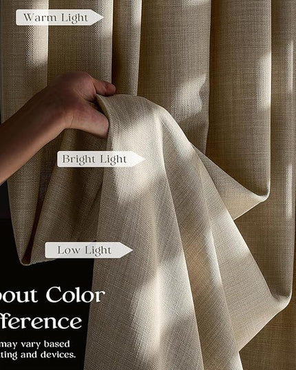 Pinch Pleated Beige 84 Inches Long Curtains for Bedroom or Living Room, Memory Shaped Cream Linen Window Drapes Light Filtering Privacy 7 ft Boho Curtain with Back Tab and Hooks 2 Panels Set