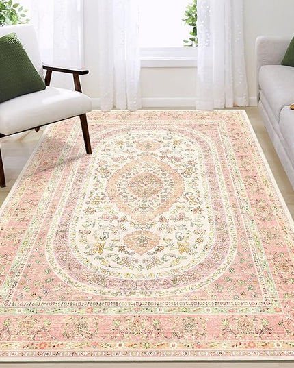 Pink Rug 4x6.5,Boho Washable Area Rugs for Bedroom Living Room Kitchen Entryway,Small Vintage Distressed Farmhouse Non Slip Carpet,Blush Floral