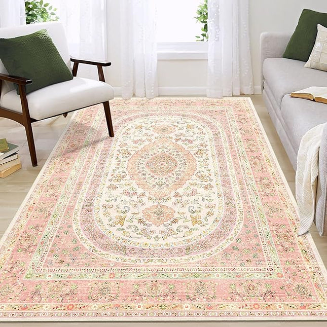 Pink Rug 4x6.5,Boho Washable Area Rugs for Bedroom Living Room Kitchen Entryway,Small Vintage Distressed Farmhouse Non Slip Carpet,Blush Floral
