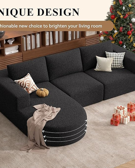 Modular Sectional Sofa with L-Shape Chaise,Cloud Sectional Modern Sleeper Couch with Deep Seat,Sponge Compression Sofas No Assembly Required (Black-Sherpa Fabric) 1PCS