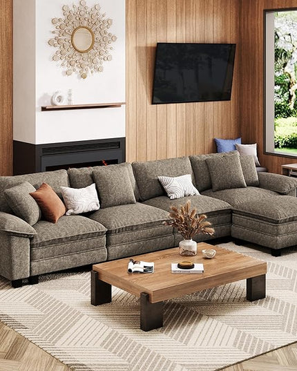157-Inch L Shaped Sectional Sofa with Cloud Cushions, Deep Seat Modular Couch Set w/ 5 Seats & 1 Ottomans, Removable Arms, Plush Chenille Upholstery for Living Room, Apartment - Smoky Gray
