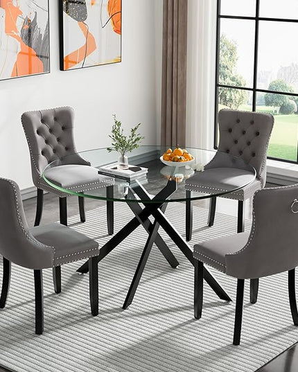 HomVent 5 Piece Round Glass Dining Table Set, Tempered Glass Dinner Table Set for 4 Kitchen Table Set with 4 Velvet Upholstered Chairs for Kitchen Dining Room