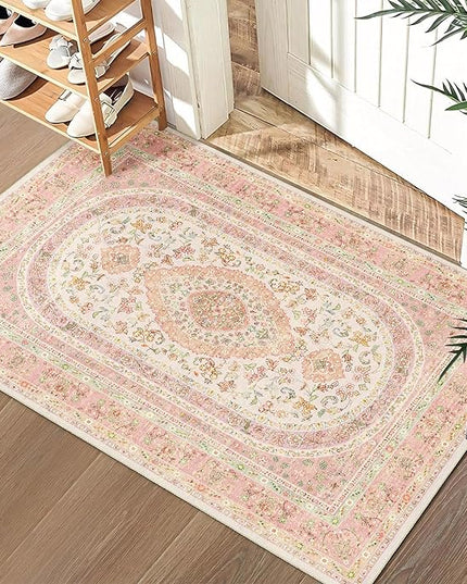 Small Rugs 2x3,Pink Rug for Entryway Bathroom Bedroom Kitchen Entrance Doormat,Boho Vintage Bohemian Distressed Farmhouse Washable Accent Floor Throw Carpet Non Slip,Blush Floral