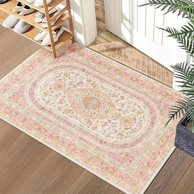 Small Rugs 2x3,Pink Rug for Entryway Bathroom Bedroom Kitchen Entrance Doormat,Boho Vintage Bohemian Distressed Farmhouse Washable Accent Floor Throw Carpet Non Slip,Blush Floral