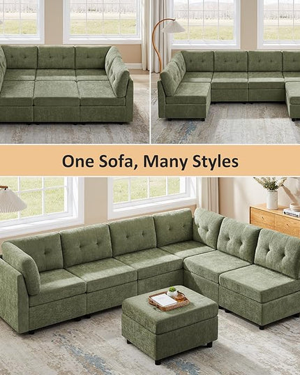 VANOMi 5 Seater Cloud Couches for Living Room with Ottoman, Convertible Modular Sectional Sofa Bed, Chenille Cloud Sofas & Couches for Apartment, Office, Green, Sofa Bed