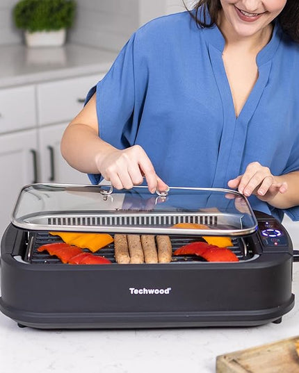 Indoor Grill, Techwood 1500W Smokeless Electric Grill with Tempered Glass Lid, Compact & Portable Non-Stick BBQ Grill with 6-Level Control, Dishwasher Safe, Black