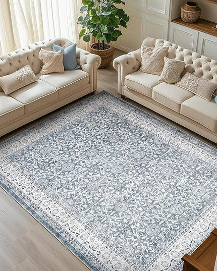 jinchan Floral 8x10 Area Rugs for Living Room - Machine Washable Vintage Distressed Boho Design Throw Rug Stain Resistant Carpet Low-Pile Thin Non-Slip for Bedroom Dining Room Nursery (8‘x10', Grey)