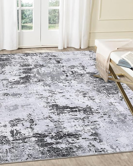 Area Rug 4x6 Washable Rug for Living Room Stain Resistant Carpet Modern Abstract Rugs Ultra Soft Indoor Floor Cover Low Pile Thin Rug for Bedroom Dining Room, Grey