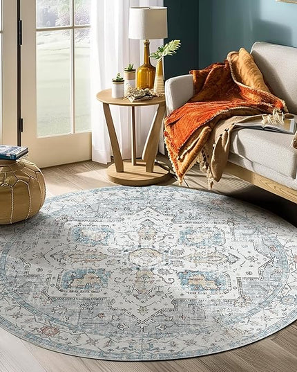 jinchan Round Rug 6ft Area Rug - Machine Washable 6'Circle Vintage Floral Non-Slip with Rubber Backing Ultra-Thin Low-Pile Carpet for Bedroom Living Room Dining Room Entryway (6'Round, Grey/Blue)