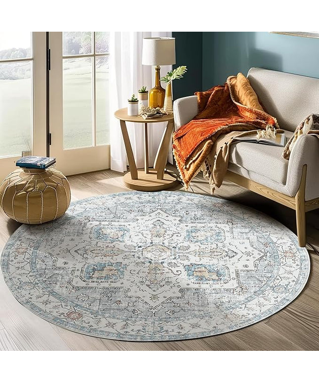 jinchan Round Rug 6ft Area Rug - Machine Washable 6'Circle Vintage Floral Non-Slip with Rubber Backing Ultra-Thin Low-Pile Carpet for Bedroom Living Room Dining Room Entryway (6'Round, Grey/Blue)