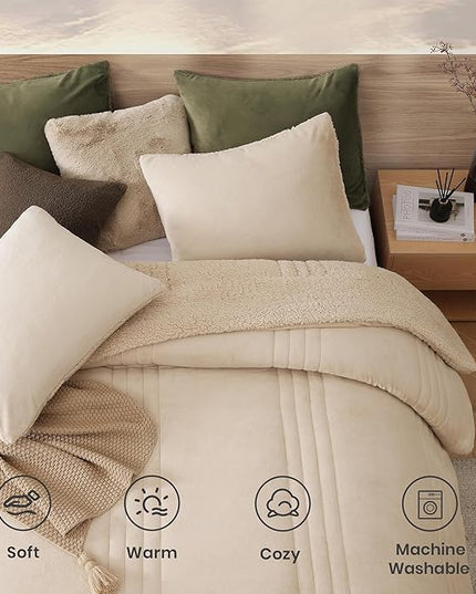 Monbix Fluffy Full Comforter Set Beige, Sherpa Plush Fuzzy Comforter 3 Piece for Full Size Bed, Luxury Soft Winter Warm Bedding Set