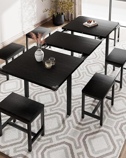 iPormis 7-Piece Dining Table Set with 6 Stools, 63" Extendable Kitchen Table Set for 4-8, Modern Dining Room Table with Sturdy Metal Frame, Space-Saving Dinette, Black
