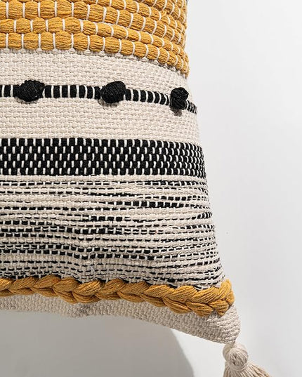 BlissBlush Yellow Mustard Decorative Throw Pillow Cover 18x18 Square Boho Accent Pillowcase Tassels Farmhouse Cushion for Couch Sofa Bedroom Living Room Home Décor Cover ONLY