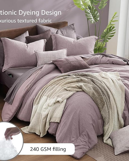 Monbix Queen Comforter Set - 7 Pieces Cationic Dyeing Lilac Bed in a Bag Queen Bedding Sets with Comforter, Sheets, Pillowcases & Shams, Reversible Bedding Comforters Sets