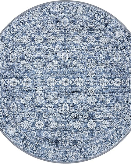 5' Round Rug Washable Rug for Entryway, Blue Soft Non-Slip Area Rugs Distressed Floral Low-Pile Carpet, Neutral Vintage Circle Rugs for Living Room Dining Bedroom Foyer