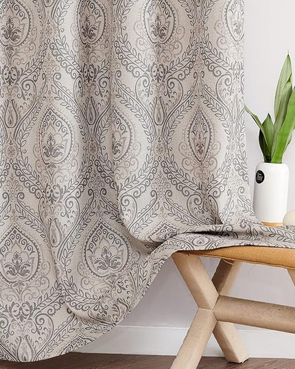 jinchan Linen Textured Curtains for Living Room Darkening 63 Inch Length, Medallion Drapes for Bedroom, Damask Pattern Window Treatments Vintage Curtain Panels, 2 Panels Grey on Greige
