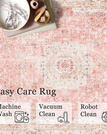 Pink Round Rug 5ft, Circle Boho Area Rugs for Bedroom Living Room,Washable Vintage Bohemian Distressed Oriental Floral Carpet Non Slip,Blush
