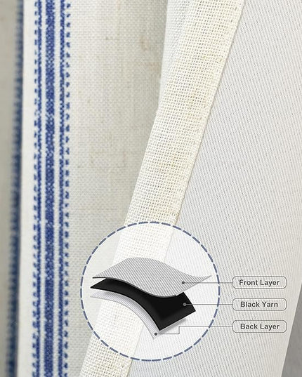 DriftAway Farmhouse Linen Blend Blackout Curtains 63 Inches Long for Bedroom Vertical Striped Printed Linen Curtains Thermal Insulated Lined Treatments for Living Room 2 Panels W52 x L63 Navy