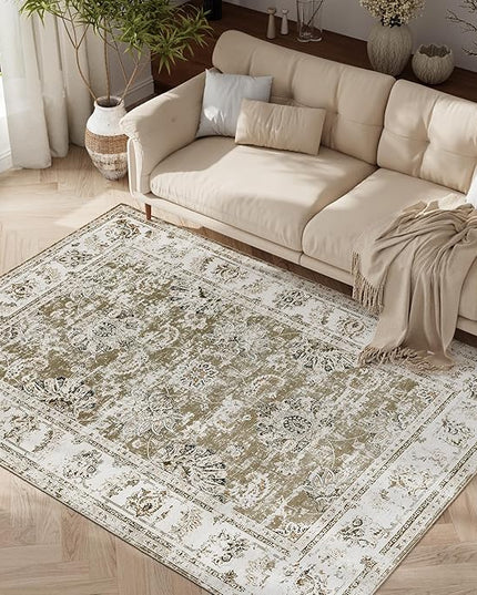 jinchan Fiora 4x6 Area Rugs for Bedroom - Machine Washable Distressed Vintage Floral Design Stain Resistant Boho Carpet Ultra-Thin Low Pile Non-Slip Rug for Living Room Dining Room (4‘x6', Taupe)
