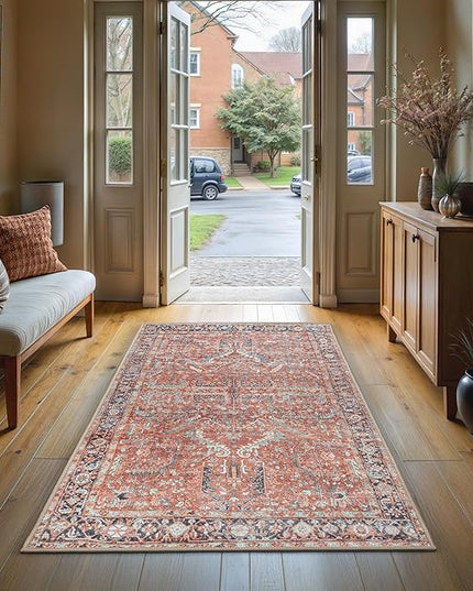 GLN Rugs Traditional Collection - Machine Washable Area Rug, Traditional Washable, Non Slip, Low Pile Chenille Rug, Living Room, Bedroom, Kitchen Rug (2'6"x7' Terra Cotta)