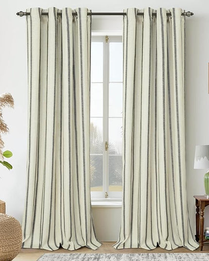 DriftAway Farmhouse Linen Blend Blackout Curtains 96 Inches Long for Bedroom Vertical Striped Printed Linen Curtains Thermal Insulated Lined Treatments for Living Room 2 Panels W52 x L96 Black