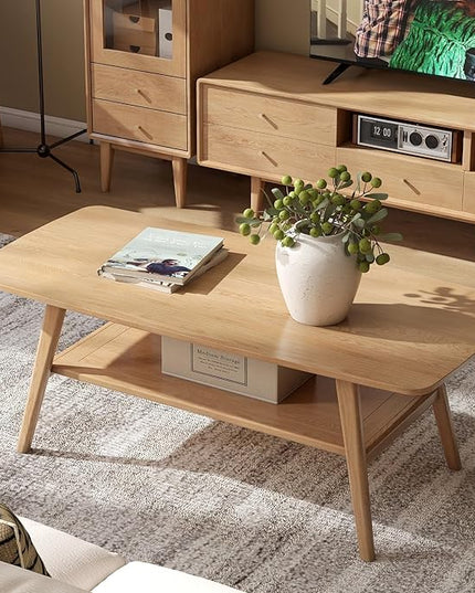 100% Solid Oak Wood Coffee Table for Living Room, 2-Tier Coffee Tables with Shelf Storage, Mid Century Modern Table with Rounded Corners (Natural Colour, 47.24" W x22.05 D x 17.32" H)