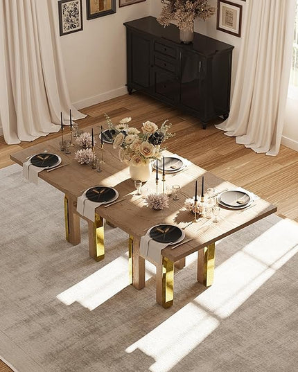 78 inch Rectangular Solid Wood Dining Table for 6-8, Luxury Farmhouse Rustic Dining Table with Light Brown Wood Top and UH-Shaped Mirrored Gold Pedestal, for Dining Room, Kitchen