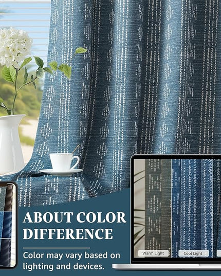 jinchan 95% Blackout Boho Curtains 90 Inches Long for Bedroom White on Blue Geometric Printed Grommet Top Room Darkening Thermal Insulated Retro Drapes 2 Panels