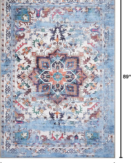 GLN Rugs Traditional Collection - Machine Washable Area Rug, Traditional Washable, Non Slip, Low Pile Chenille Rug, Living Room, Bedroom, Kitchen Rug (5'3"x7'5" Blue)