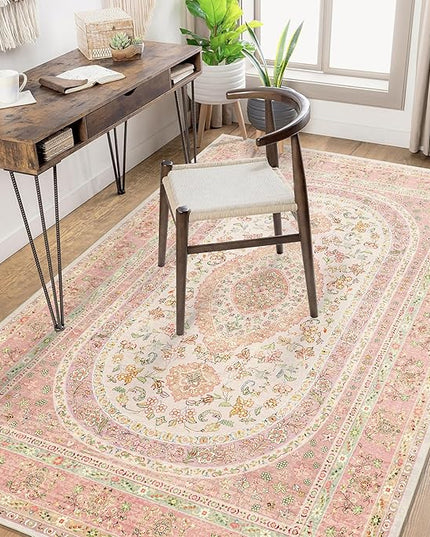 Pink Rug 4x6.5,Boho Washable Area Rugs for Bedroom Living Room Kitchen Entryway,Small Vintage Distressed Farmhouse Non Slip Carpet,Blush Floral
