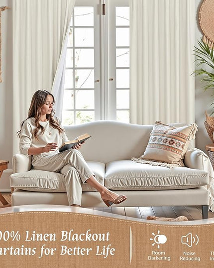 LAMIT Natural 100% Blackout Linen Curtains, 54 Inches Linen Textured Thermal Bedroom Curtains Back Tab and Rod Pocket Neutral Panels with White Liner for Farmhouse, 2 Panels, 42 x 54 Inch, Ivory