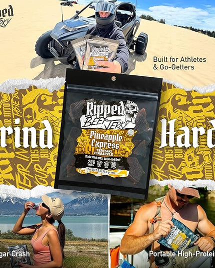 Ripped Beef Jerky - 100% Grass Fed Beef, 20g Protein, Real Ingredients, Gluten Free, No MSG, Made in USA (Pack of 3, Pineapple)
