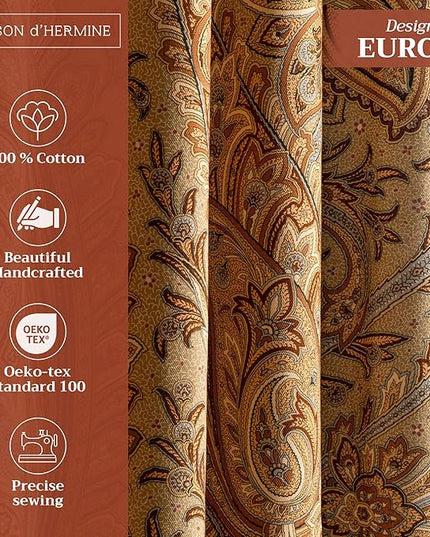 Maison d' Hermine Curtains for Living Room 100% Cotton 124 inch Length One Panel Light Filtering Curtains for Bedroom Windows with Rod and Loop Pockets Drapes (Kashmir Paisley Sepia, 50" W x 124" L)