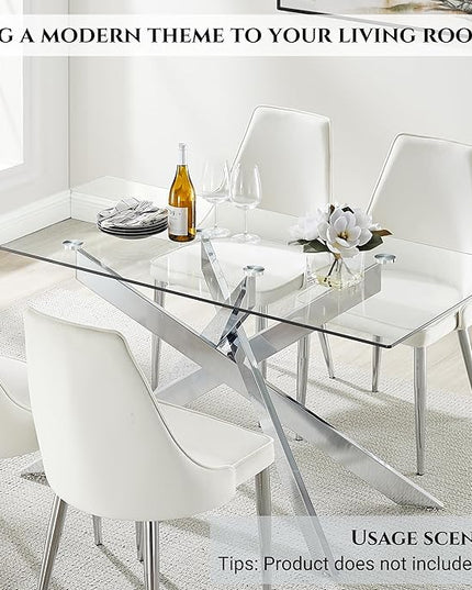 Edwin's Choice 58.5” Rectangle Glass Dining Table, Tempered Glass Tabletop and Metal Tubular Legs, Modern Style Table for Home, Kitchen, Dining Room 58.5”Lx29”Wx30”H, Silver (Table Only)
