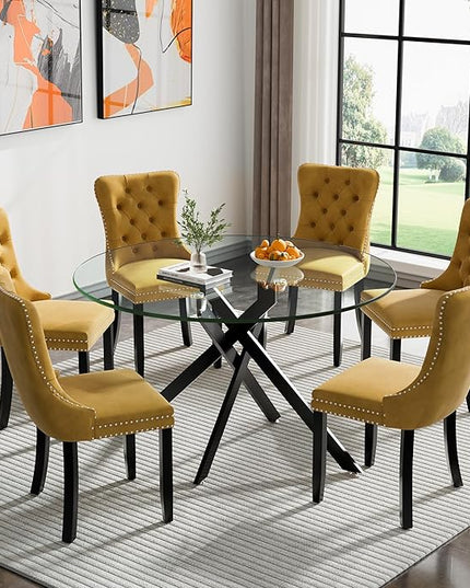 HomVent 7 Piece Round Glass Dining Table Set, Tempered Glass Dinner Table Set for 6 Kitchen Table Set with 6 Velvet Upholstered Chairs for Kitchen Dining Room