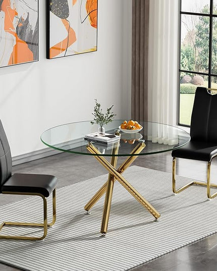 HomVent Round Glass Dining Table Set for 2, 3-Piece Modern Kitchen Table Set with 2 PU Upholstered Chair for Kitchen Dining Room, Glass Dining Room Table Set