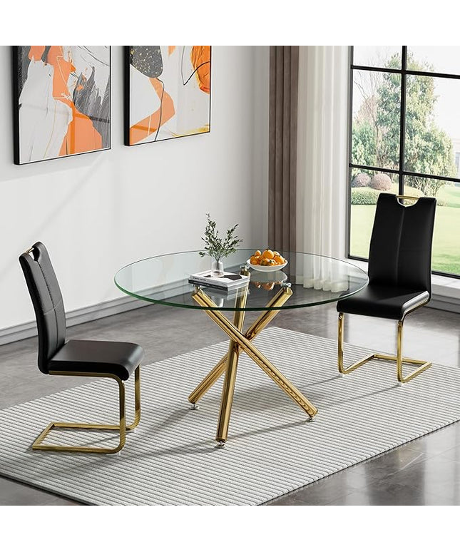 HomVent Round Glass Dining Table Set for 2, 3-Piece Modern Kitchen Table Set with 2 PU Upholstered Chair for Kitchen Dining Room, Glass Dining Room Table Set
