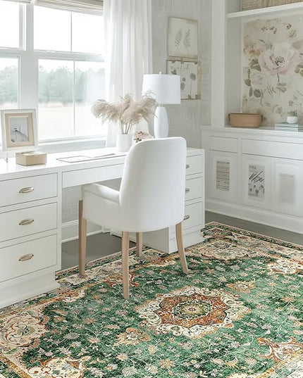 Green Rug 3'x5',Washable Area Rugs for Bedroom Living Room Kitchen Entryway Bedside,Small Boho Vintage Bohemian Distressed Oriental Non Slip Carpet,Retro Sage Floral