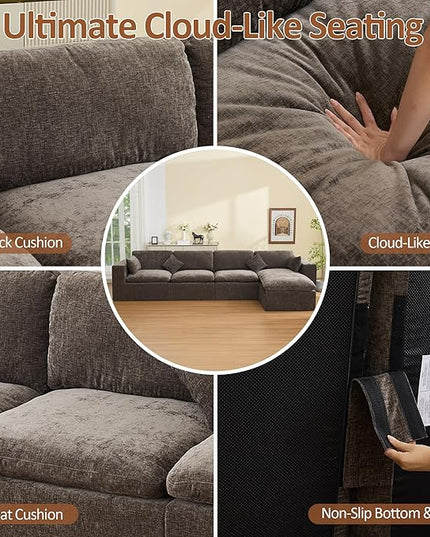 155''Cloud Boneless Sectional Couch, Modular Sectional Sofa Deep Seat with Ottoman, Oversized Upholstered Convertible Comfy 5 Seater Chenille Sofa L Shape Couches for Living Room, Brown
