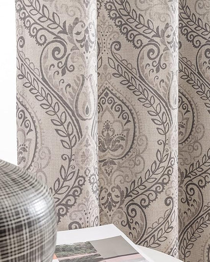 jinchan Linen Textured Curtains for Living Room Darkening 63 Inch Length, Medallion Drapes for Bedroom, Damask Pattern Window Treatments Vintage Curtain Panels, 2 Panels Grey on Greige